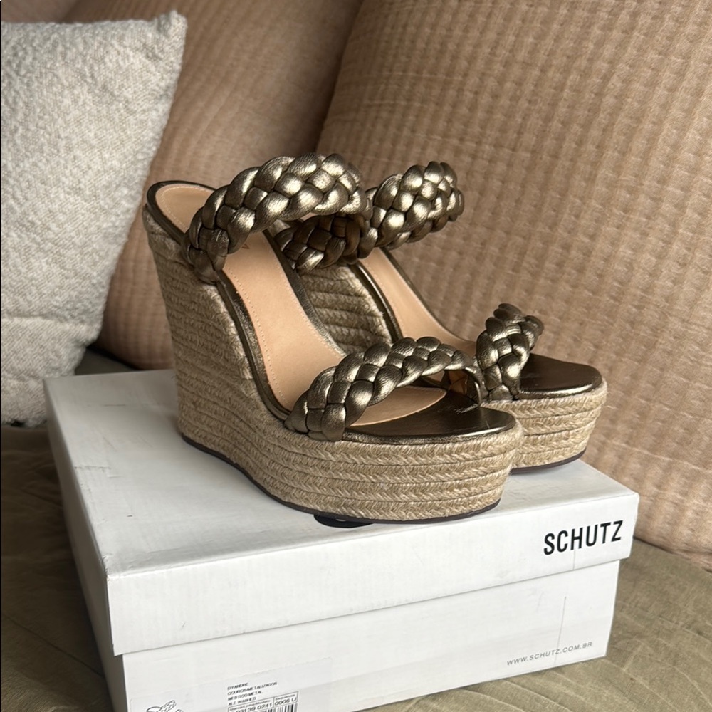 SCHUTZ Gold Wedge Sandals with Ankle Strap Dyandre Mestico Metal